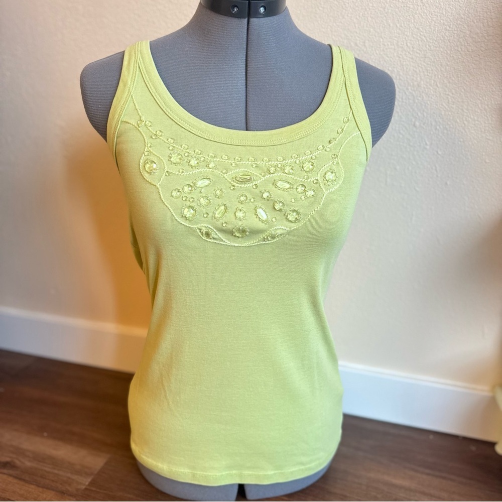 Y2K Lime Green Embellished Tank Top Beaded Rhinestone Fairycore Coastal Summer - Picture 2 of 11